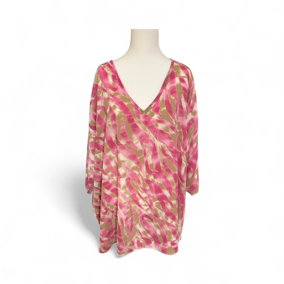 Tops - Pink and Tan Patterned V-Neck Top